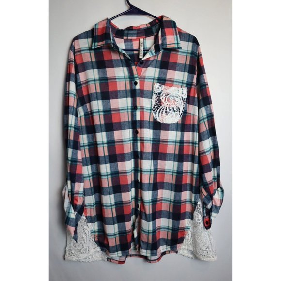 RnB SZ 2X EUC Flannel & Lace Long Sleeve Top - Picture 1 of 5